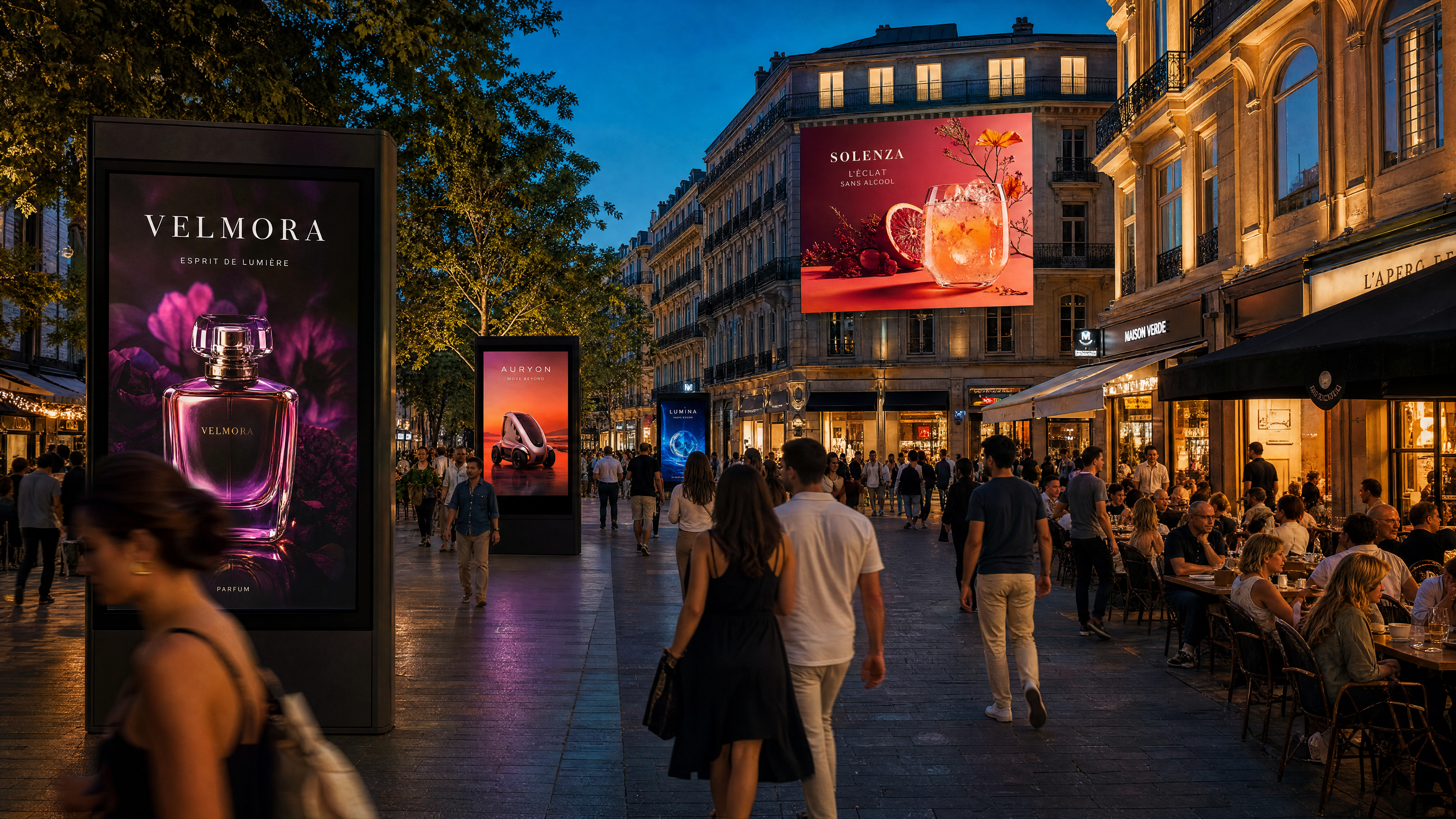 Belebte Innenstadt mit digitalen Außenwerbeflächen und Gastronomie